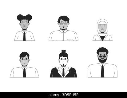 Diverse professionals in business attire ink outline faces illustrations set Stock Vector