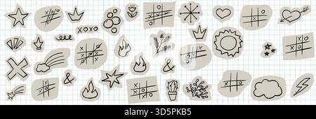 Playful scrapbook doodle set with torn craft paper shapes. Cute crayon drawings and funky collage elements for zine or DIY design. Vector naive art Stock Vector