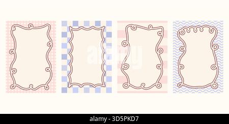 Whimsical set of wavy line frames and oval borders drawn in coquette style. Decorative vintage vector collection for birthday card wedding or spring Stock Vector