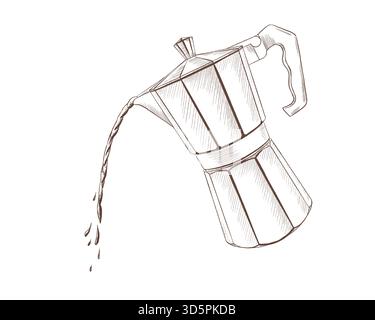 Metal geyser coffee maker on fire with coffee filter with a stream of hot aromatic coffee as a sign of cheerfulness and morning energy.Vector Stock Vector