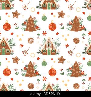 Seamless pattern. Cute Christmas gingerbread houses, delicious cookies, and Christmas tree decorations. Scandinavian Festive hand-drawn ornament. Perf Stock Vector