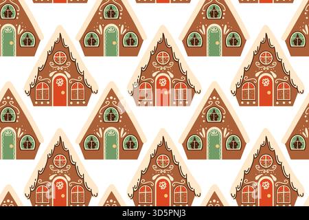 Seamless pattern. Cute Christmas gingerbread houses. Scandinavian Festive hand-drawn ornament. Perfect for a T-shirt logo, greeting card, poster, or n Stock Vector