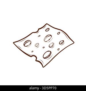 A slice of cheese with holes. Vector illustration in a line art style. A simple black and brown image with no color, isolated on a white background. Stock Vector