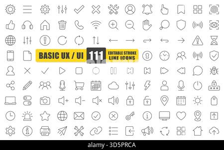 Basic UX UI Line Icon Set. A Collection Of 111 Thin Line Editable Stroke Icons Representing Interface, Navigation, And Interaction Elements. Perfect F Stock Vector