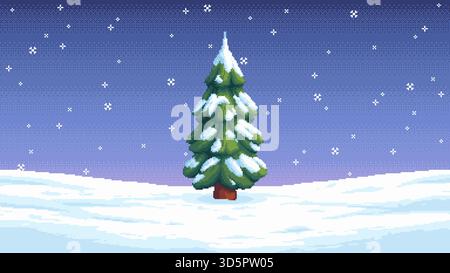 Pixel art winter tree in snowy landscape Stock Vector