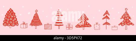 Hand Drawn Christmas Trees and Gift Boxes in Red on Pink Background, Holiday Banner or Greeting Card Stock Vector