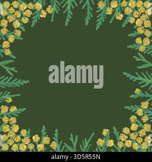 Square frame of thuja branches with cones on a green background Stock Vector