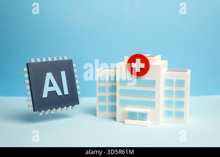 An AI-powered computer chip and a hospital. The application of artificial intelligence in medicine and diagnostics. Health tech, data analysis, and sm Stock Photo