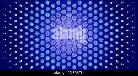 Hexagon blue motion glow depth background, geometric tech pattern, radial tunnel effect, glowing concentric honeycombs for technology, sport, science Stock Vector