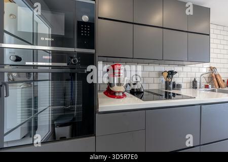 Modern kitchen interior with built-in appliances and grey cabinets in renovated kitchen Stock Photo