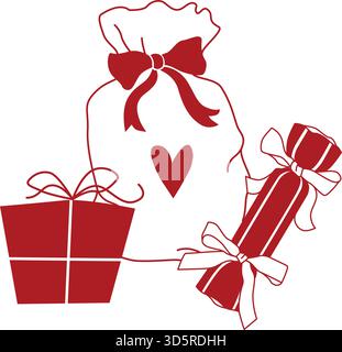 Hand-drawn Christmas composition with gifts and wrapped presents in red color in line art style Stock Vector