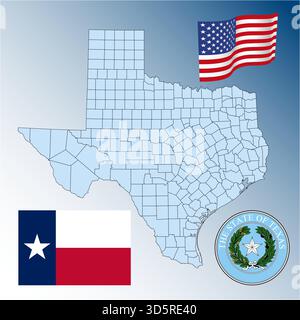 Texas US federal state waving flag, seal and map, United States, vector illustration Stock Vector