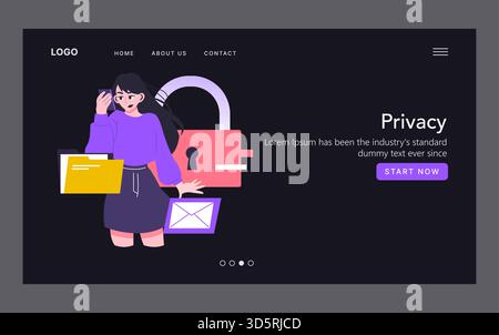 Vector illustration featuring a woman managing privacy settings on a website. She is surrounded by symbols of security, such as a lock and confidential folders, conveying the theme of data protection. Stock Vector
