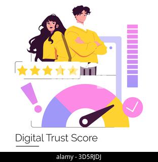 Vector illustration showing two people standing confidently in front of a digital trust score meter. A five-star rating enhances the scene, emphasizing online reputation and security. Stock Vector