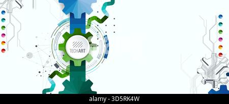 Stylized view of gears integrated with microcircuits. Concept of combining mechanics and electronics. Stock Vector