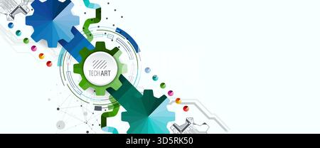 Stylized view of gears integrated with microcircuits. Concept of combining mechanics and electronics. Stock Vector