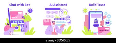 Vector illustration showcasing interaction with a chat bot, an AI assistant aiding problem-solving, and a secure online payment process. Bright and engaging digital communication themes. Stock Vector