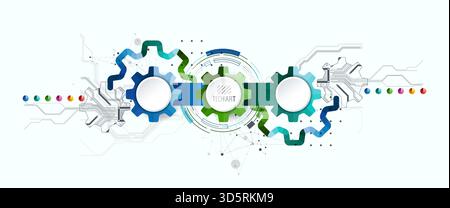 Stylized view of gears integrated with microcircuits. Concept of combining mechanics and electronics. Stock Vector