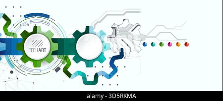 Stylized view of gears integrated with microcircuits. Concept of combining mechanics and electronics. Stock Vector