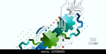 Stylized view of gears integrated with microcircuits. Concept of combining mechanics and electronics. Stock Vector