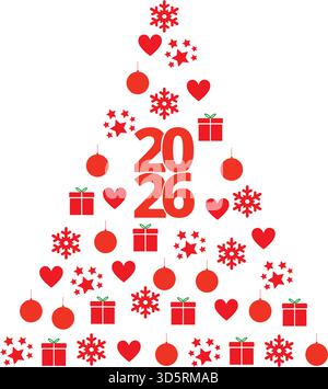 A christmas tree made with different ornaments and 2026 number on a white background Stock Vector