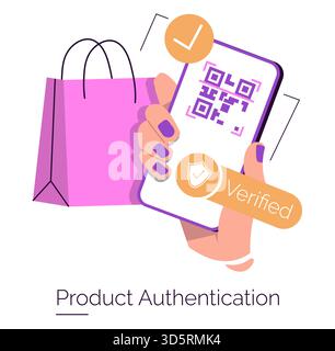 Vector illustration depicting digital product verification via QR code scan on a smartphone. The hand holds a phone displaying a QR code with verification icons alongside a shopping bag. Stock Vector