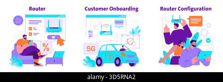 Vector illustration depicting router management, 5G network onboarding, and configuration. Scenes show users interacting with devices and software for efficient internet setup and monitoring. Stock Vector