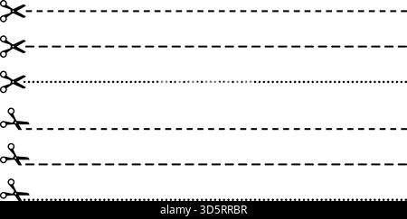 Paper cutting line. Dotted coupon border with scissors icon. Dashed strip for school templates, tickets, and labels. Stock Vector