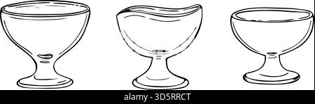 Empty glass dessert cup set monochrome vector illustration. Placeholder, bowl for jam, honey, ice cream, or pudding etching drawing. Stock Vector