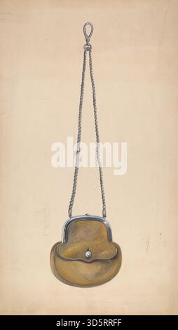 Marie Alain’s 1939 reticule is a small drawstring handbag designed for carrying personal items. Made from fabric, it represents typical women’s accessories of the late 1930s. Stock Photo
