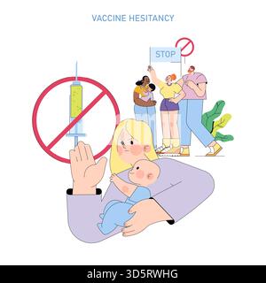 Vector illustration of vaccine hesitancy showing a worried mother holding a baby, with a protest against vaccination featuring a stop sign and crossed-out syringe. Stock Vector