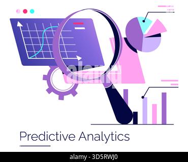 Predictive analytics vector illustration featuring magnifying glass highlighting data charts, graphs, and pie chart analysis. Ideal for data science, business intelligence, and forecasting themes. Stock Vector