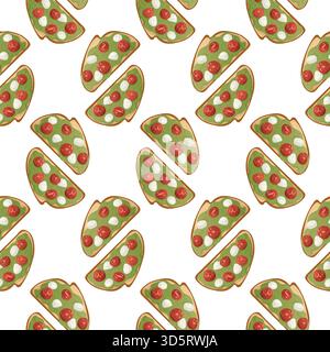 Seamless pattern with stylised toasts illustrations. Hand-drawn tacos with avocado, tomatoes and mozzarella on a white background Stock Vector