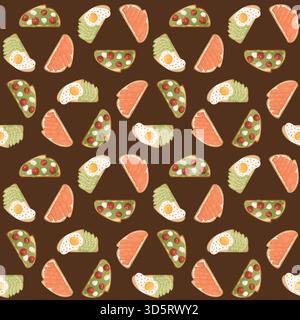 Seamless pattern with few toasts with avocado, tomatoes and mozzarella, salmon on a brown background. Cute food pattern ideal for packaging, textiles Stock Vector