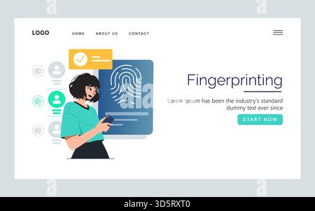 Woman evaluating fingerprint data on a digital interface. This vector illustration showcases technology, security, and modern digital identification concepts, highlighting user interactions. Stock Vector
