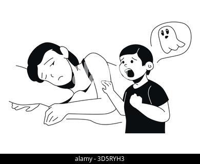Boy Scared of Ghost - Black and White Flat Design Illustration Stock Vector