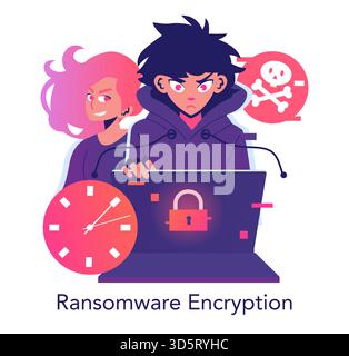 Digital illustration of a hacker at a laptop, implementing ransomware encryption. The image features two characters, symbolizing cyber threat, with a lock icon and skull graphic. Stock Vector