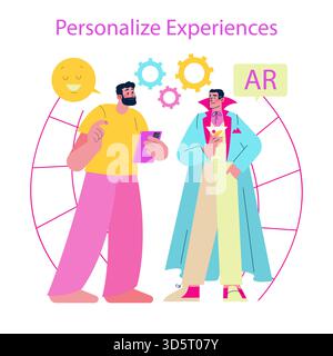 Vector illustration showing two characters interacting with AR technology. One holds a smartphone, engaging with an animated character. Speech and thought bubbles, gears symbolize creative interaction. Stock Vector
