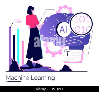 Vector illustration of a woman analyzing data related to machine learning. Displays a digital brain, AI elements, and graphs, emphasizing the integration of technology and analysis. Stock Vector