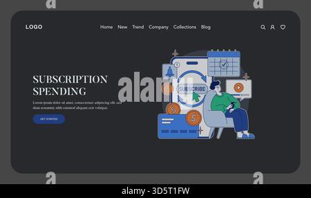 Vector illustration depicting a person sitting with a smartphone amid subscription-related symbols such as credit cards, coins, and a calendar, illustrating digital spending habits. Stock Vector