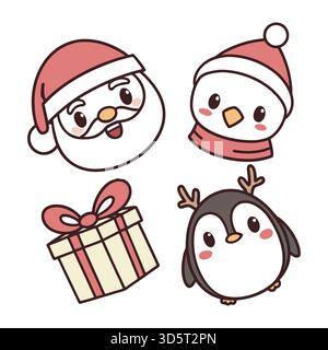 Cute Christmas Character Icons – Santa, Snowman, Reindeer Vector Set Stock Vector