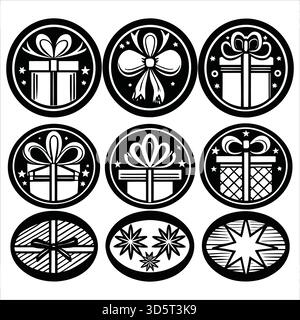 Christmas gift box icon set, minimal line style, gold outline, ribbon bows, wrapped presents, clean vector shapes, festive symbols, modern holiday Stock Vector
