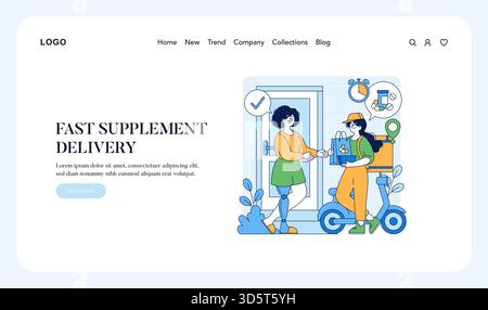 Vector illustration depicting a fast supplement delivery service. A delivery person hands a package to a recipient at the door. Emphasizes speed and convenience in online shopping. Stock Vector