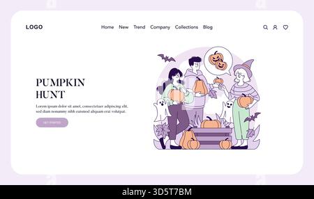 Vector illustration showing friends enjoying a pumpkin hunt with playful expressions. Includes pumpkins, Halloween themes, and festive elements in a cartoon style suitable for web design. Stock Vector