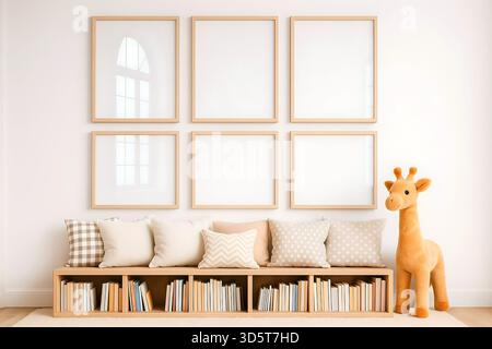 Kids Room Minimalist Interior with Empty Frames and Neutral Decor Stock Photo