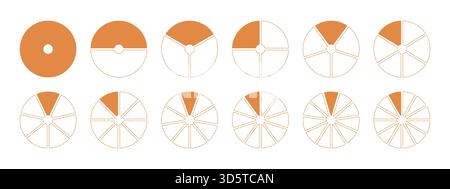 Donut charts, pies segmented on from 1 to 12 equal parts. Coaching blank template. Infographic diagrams. Orange wheels divided in sections. Circle Stock Vector