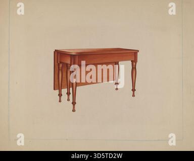 This circa 1939 dining table by Lon Cronk features a wooden rectangular top with tapered legs, representing American late-1930s domestic furniture design in a functional dining room setting. Stock Photo