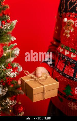Small gift held by a child in a Christmas sweater standing beside a decorated tree with berries and lights Stock Photo