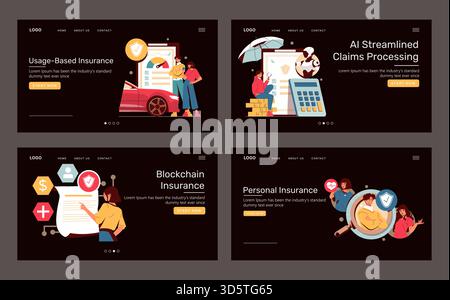Vector illustrations depicting various insurance solutions with usage-based, AI-assisted claims, blockchain, and personal insurance concepts. People interacting with digital elements included. Stock Vector