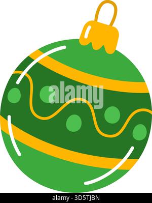Green bauble, Christmas ornament with yellow stripes and dots, featuring golden cap and loop. Colorful flat vector illustration. For holiday greeting cards, winter decor, festive decals, stickers Stock Vector
